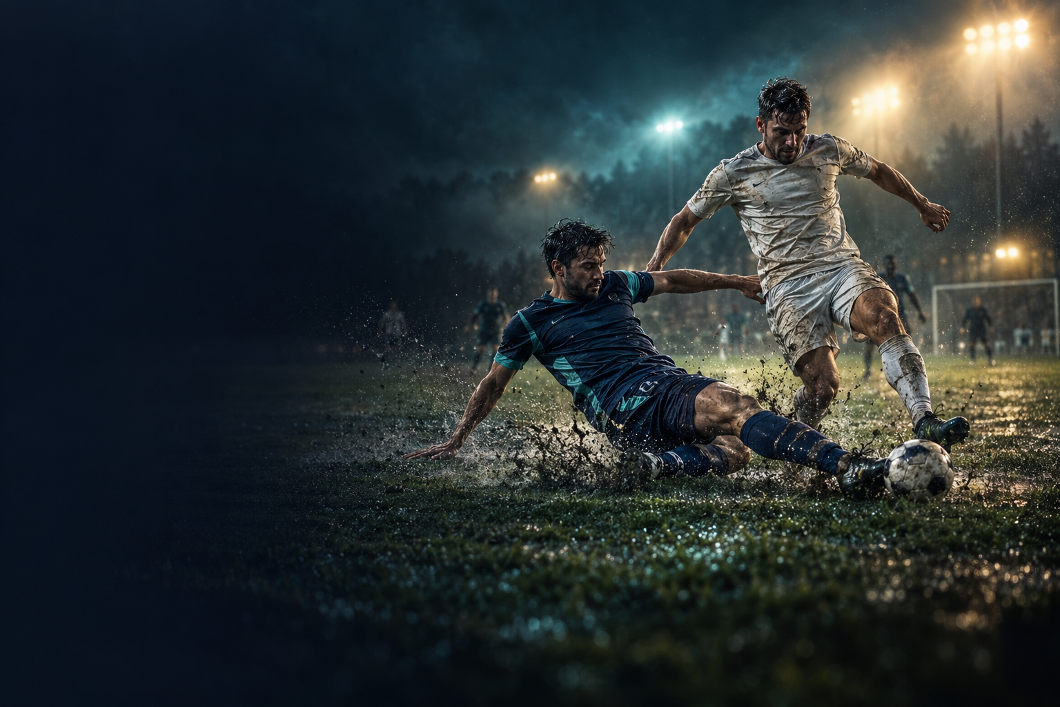 Two footballers contesting the ball in a sliding tackle under floodlights